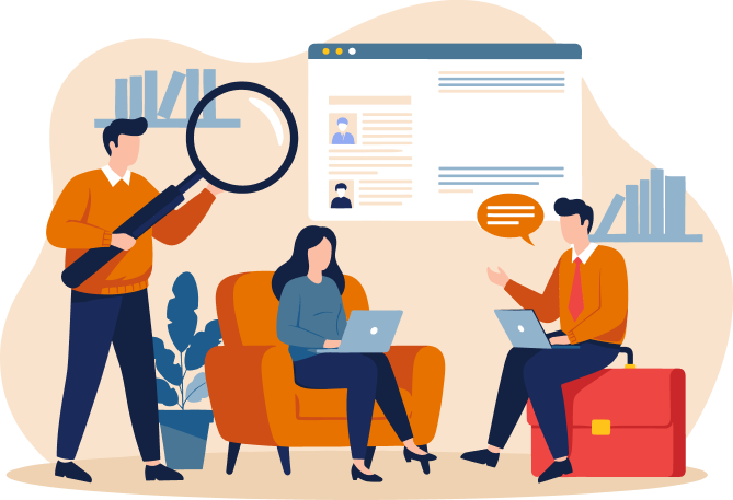 Two people working on computers and one person with a giant magnifying glass