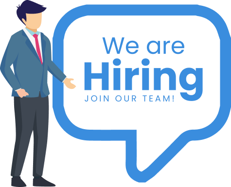 Person in suit standing next to sign that says we are hiring